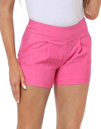 Womens Pull On 3" Dress Shorts High Waist Pleated w/Pockets in Hot Pink