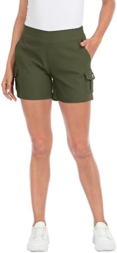Womens Pull On Cargo Shorts 6 Pocket Stretchy Dressy Work Short in Olive Green