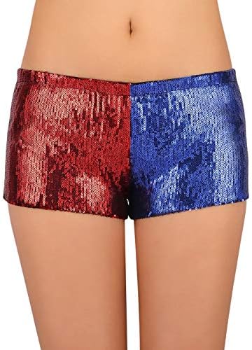 Womens Red & Blue Metallic Sequin Booty Short for Harley Misfit Costume in Red and Blue