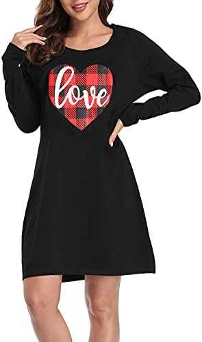 Womens Sleepwear Cotton Nightgowns Long Sleeve Printed Night Sleepshirt in Buffalo Plaid Heart