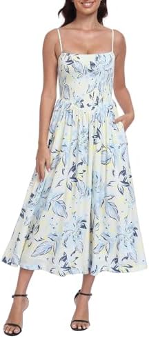 Womens Smocked Midi Dresses Spaghetti Strap Sundress Drop Waist Pockets in White Watercolor Blooms