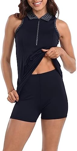 Womens Tennis Dress with Separate Matching Shorts Athletic Zip Up Dress in Black / Geometric
