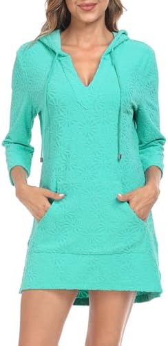 Womens Terry Cloth Beach Coverup Tunic Dress Swimsuit Cover with Hood in Turquoise