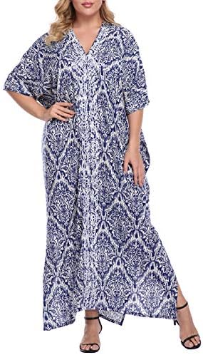 Womens UPF 30 Long Oversize Kaftan Cover Up Swimsuit Loose Maxi Dress in Navy Damask