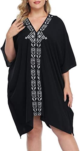 Womens UPF 30 Short Oversize Kaftan Cover Up Swimsuit Loose Shirt Dress in Black